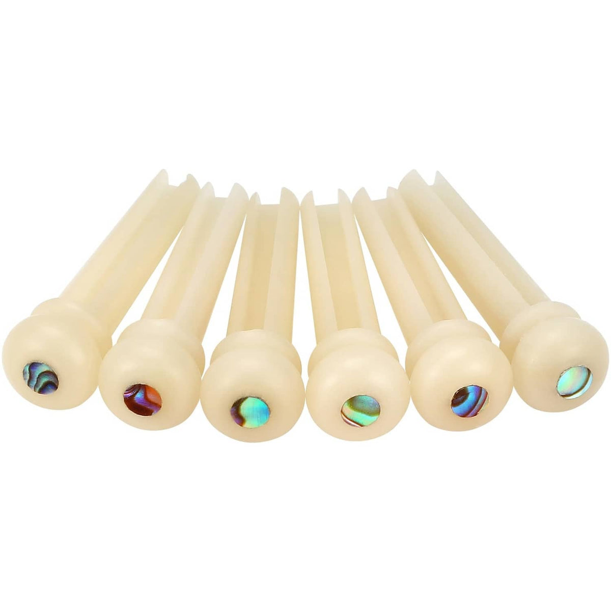 Guitar bridge pins, 6 natural bone-look pieces with iridescent inlay tops
