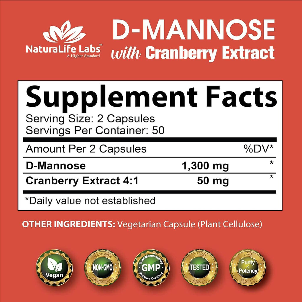 Supplement facts label for D-mannose with cranberry extract, 2 capsules serving