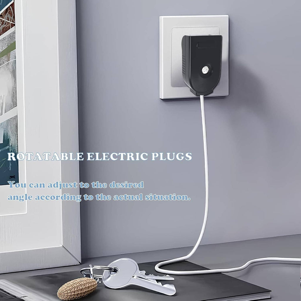 Rotatable black 2-prong male replacement plug on wall outlet, cord connected