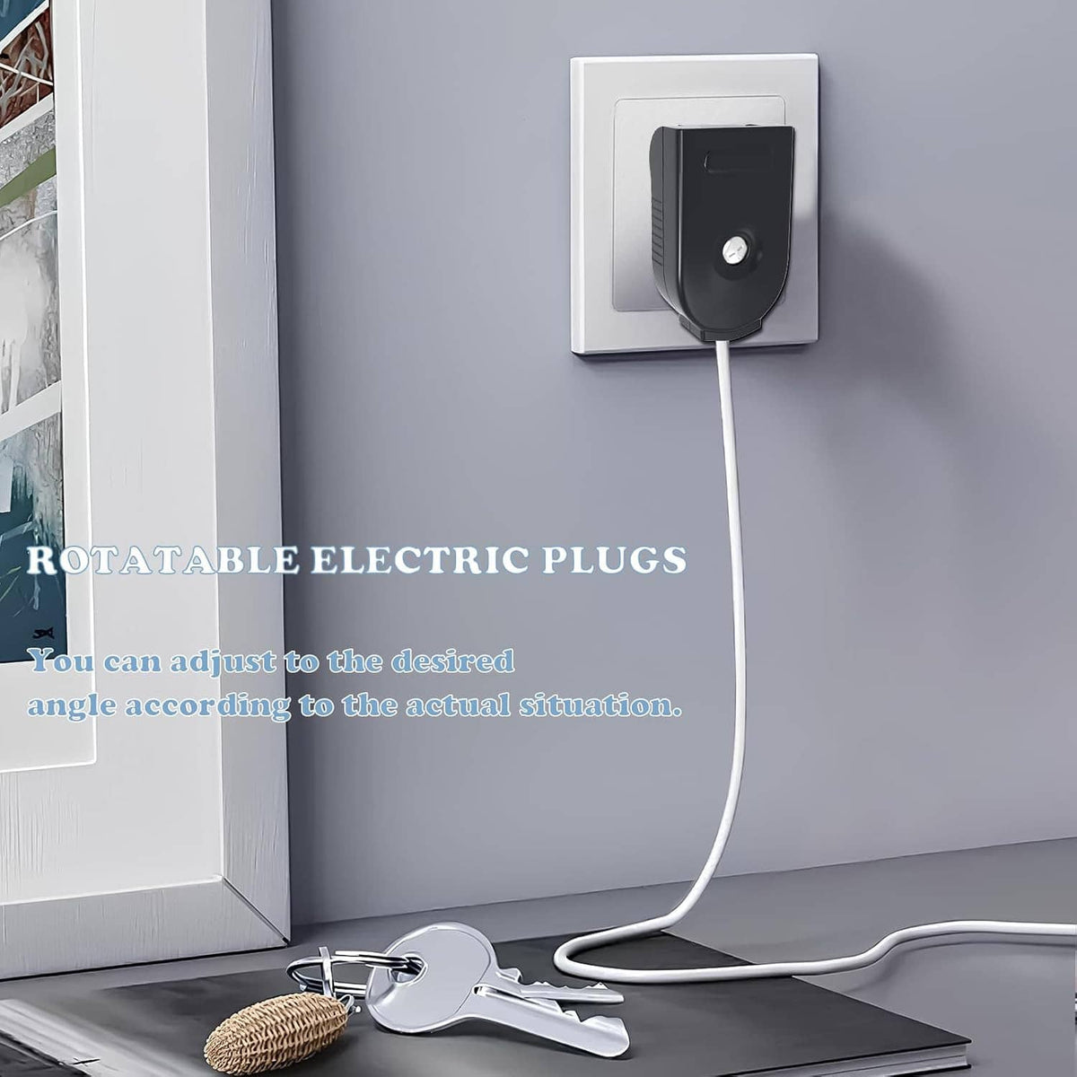 Rotatable black 2-prong male replacement plug on wall outlet, cord connected