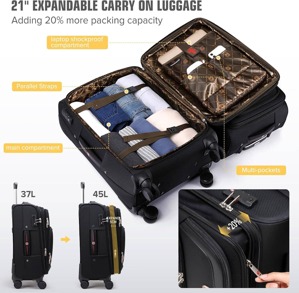 Black expandable carry-on suitcase open with interior straps, pockets, and divider compartments