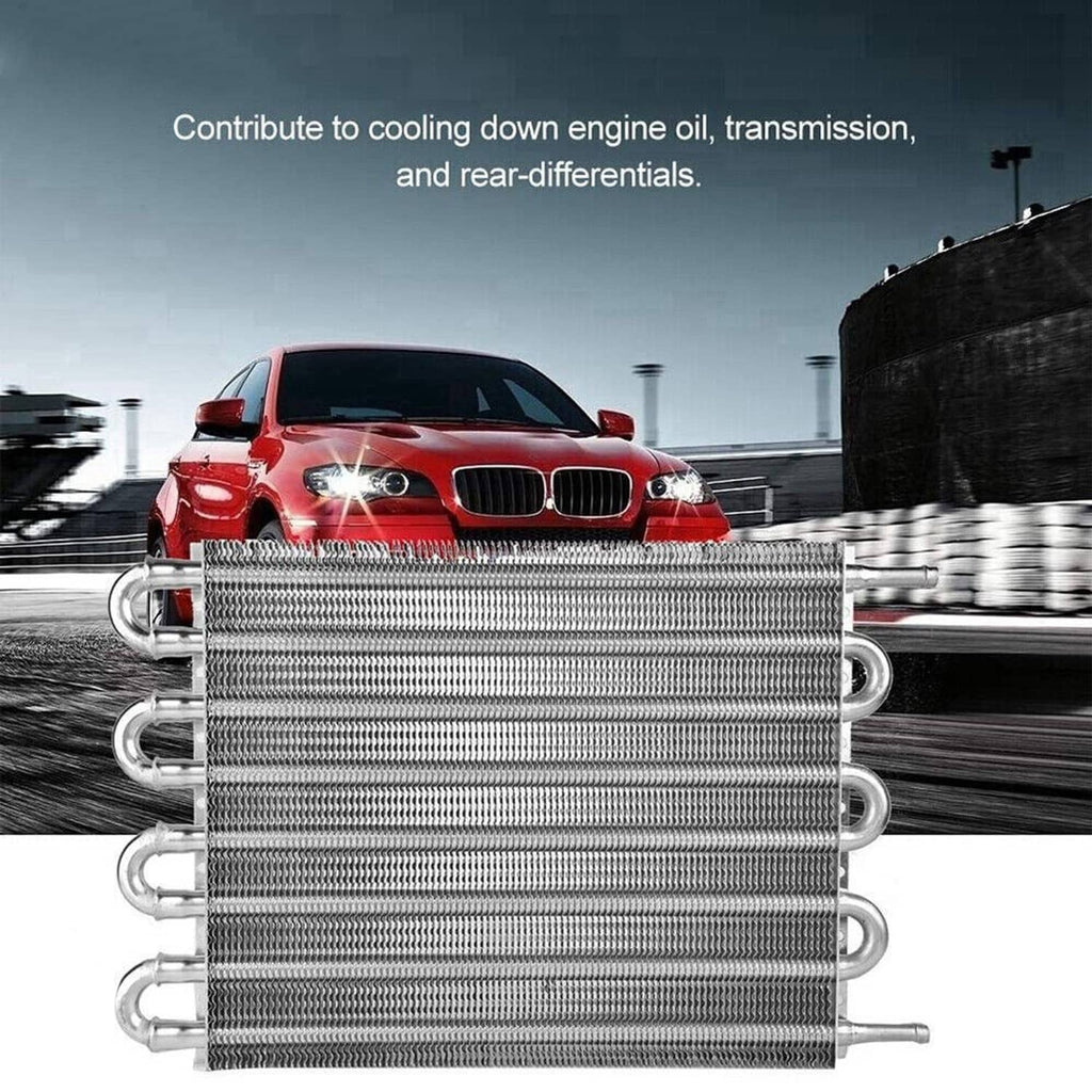 Aluminum oil cooler radiator with 8-row fin core and end tanks, universal transmission kit