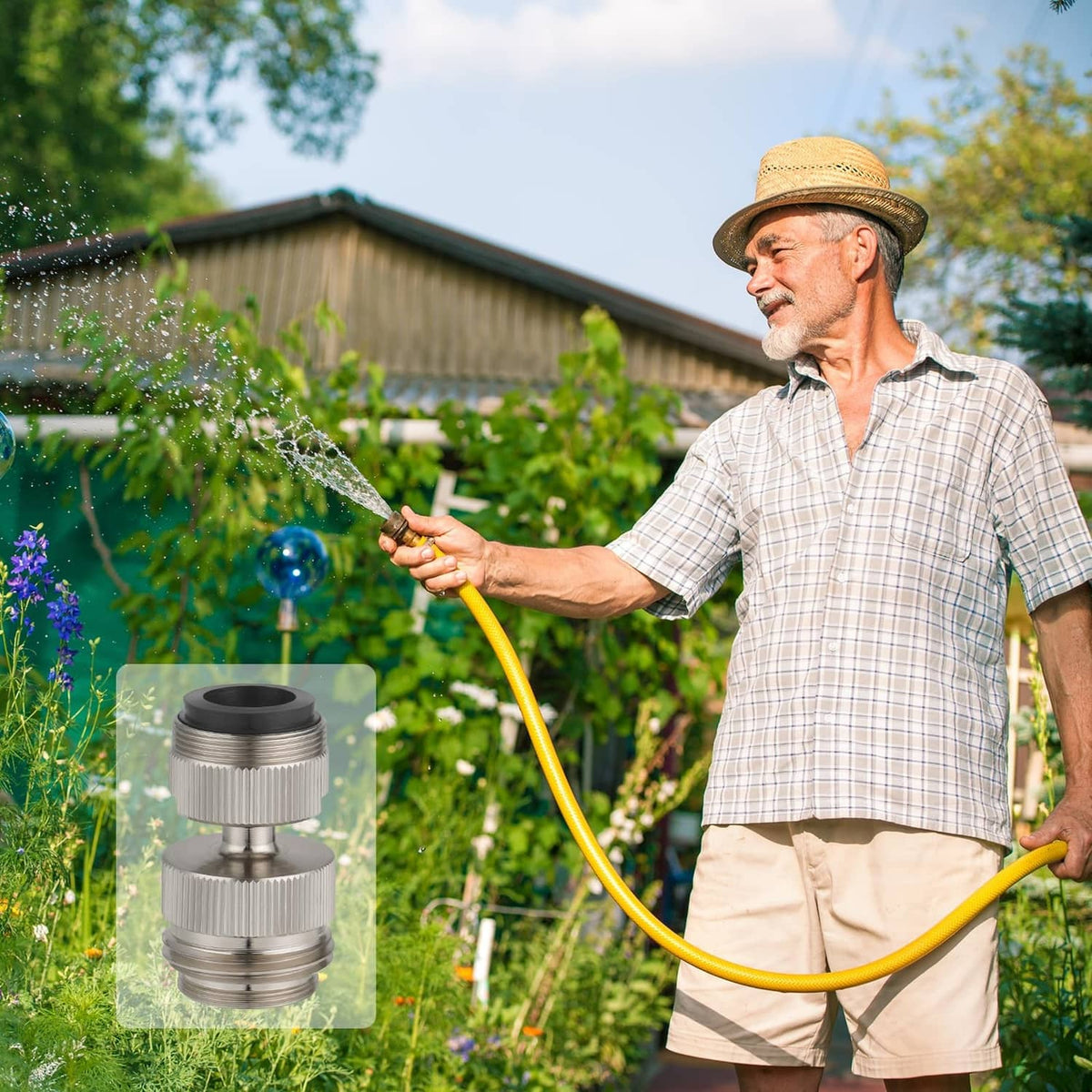 Brushed nickel faucet-to-hose adapter with black gasket, shown on a connected garden hose
