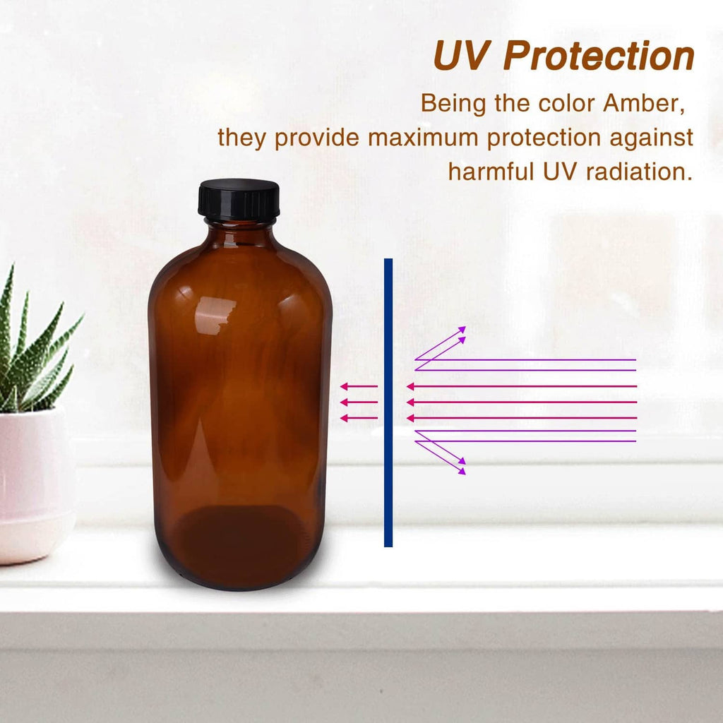 Amber Boston round glass bottle with black cap on a flat surface, UV protection style.