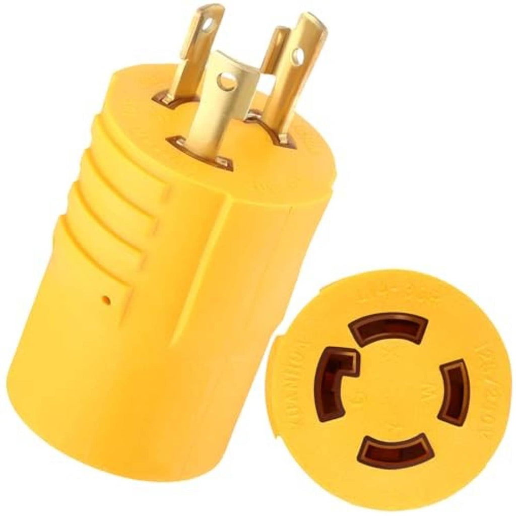 Yellow power adapter plug with 3-prong male and 4-prong female connector ends
