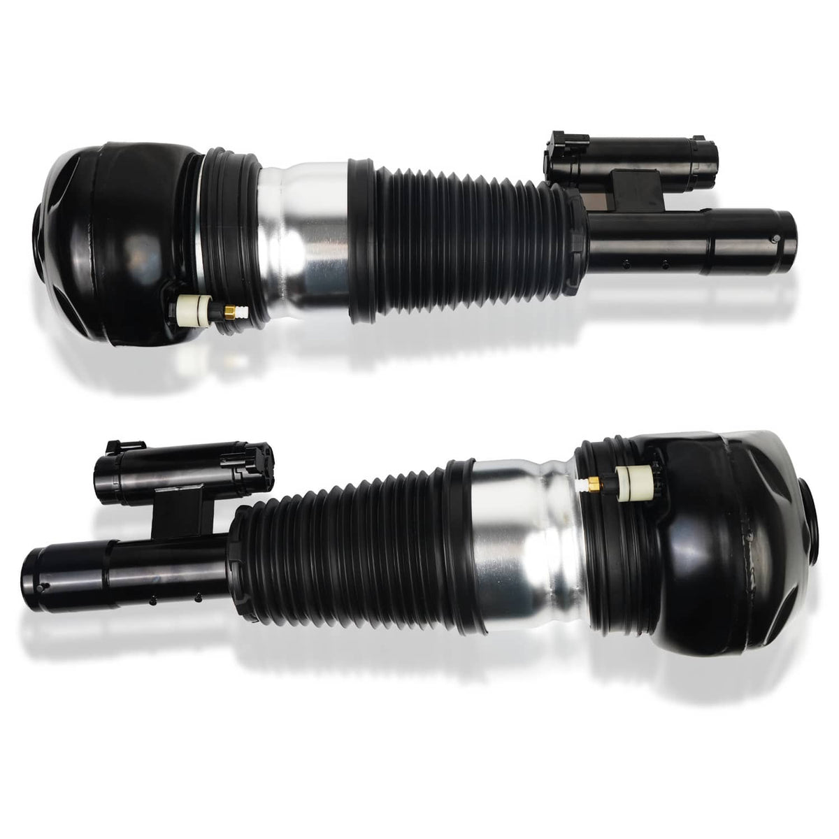 Pair of front air suspension struts: black bellows, silver shock bodies
