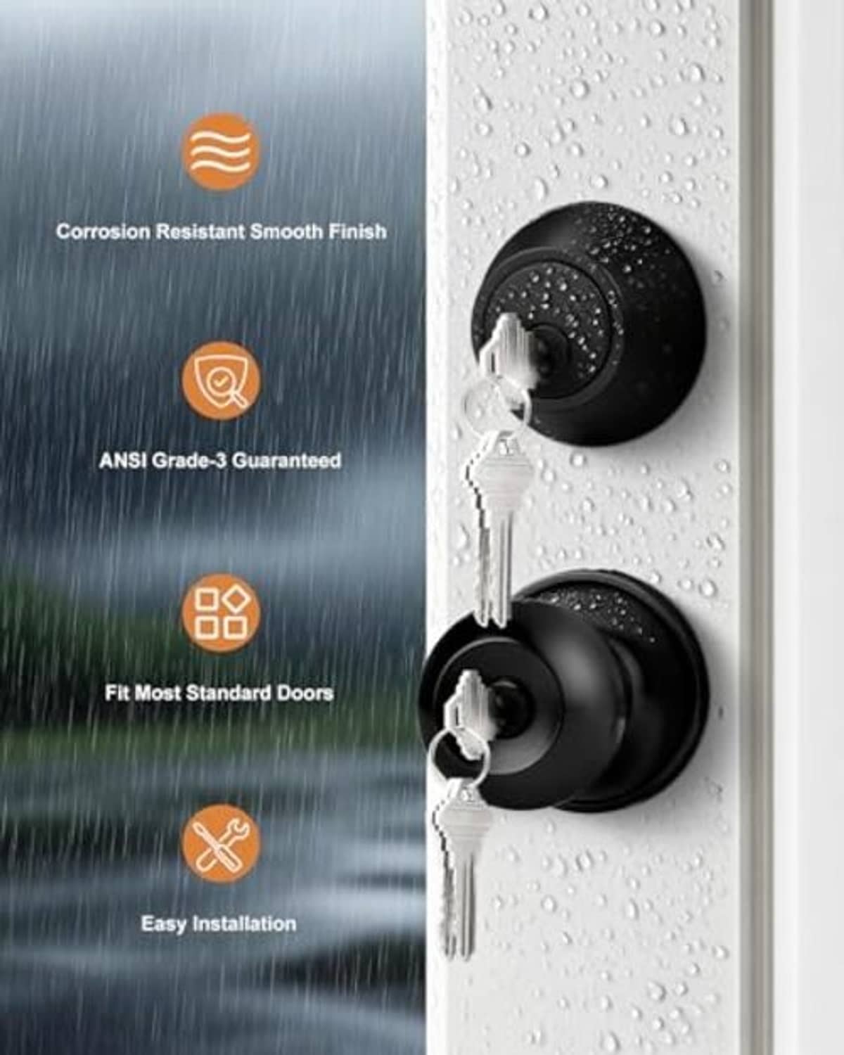 Black exterior deadbolt lock with key inserted on a door cylinder