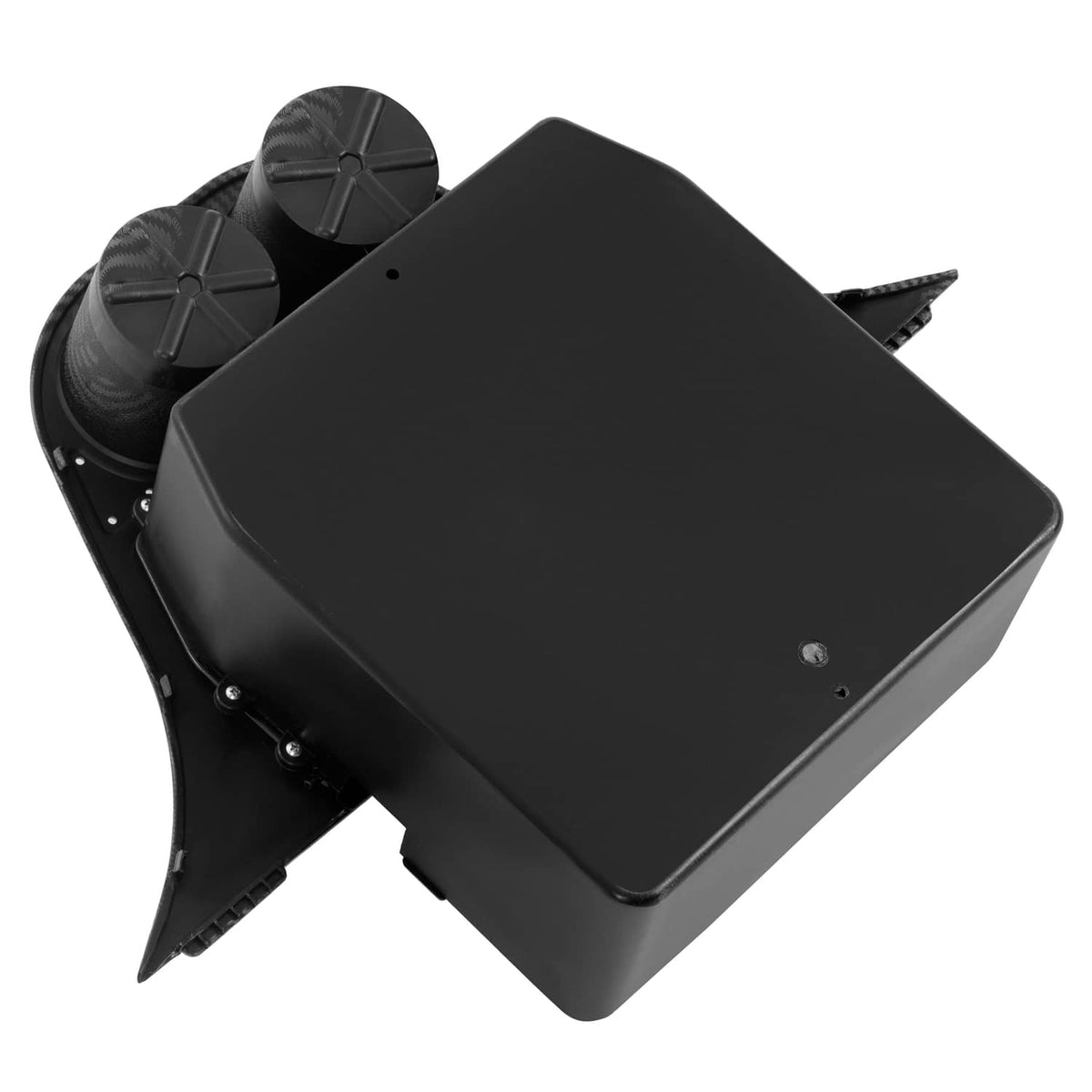Black golf cart dash compartment cover with two cup holder openings and side mounting tabs