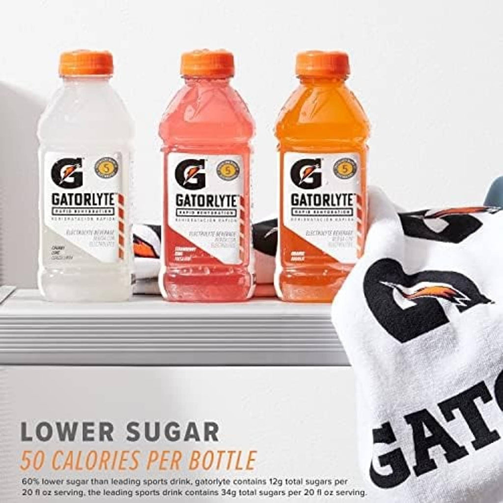Pack of Gatorlyte electrolyte bottles, Cherry Lime, orange caps
