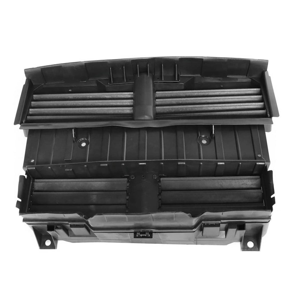 Black radiator shutter control assembly with top and bottom rows of vent slats