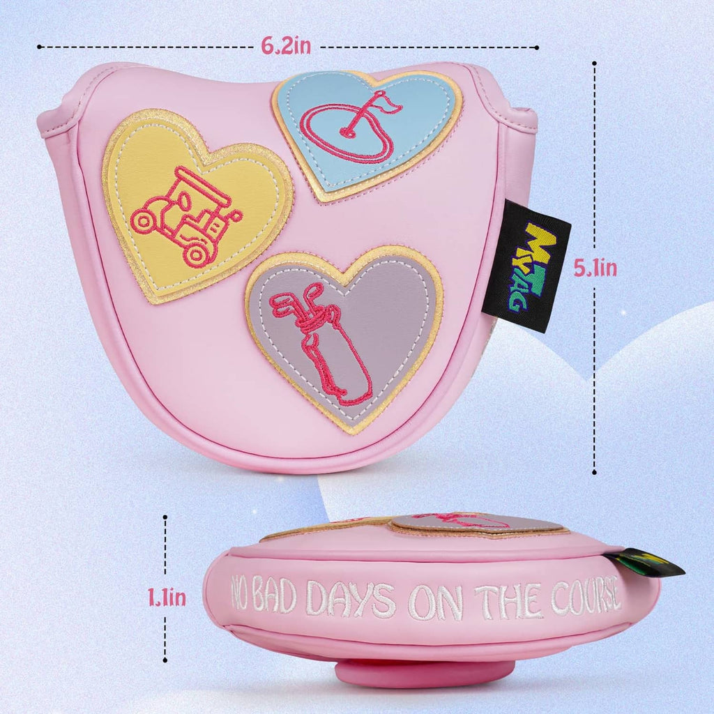 Pink mallet putter cover with heart patches and labeled size dimensions.
