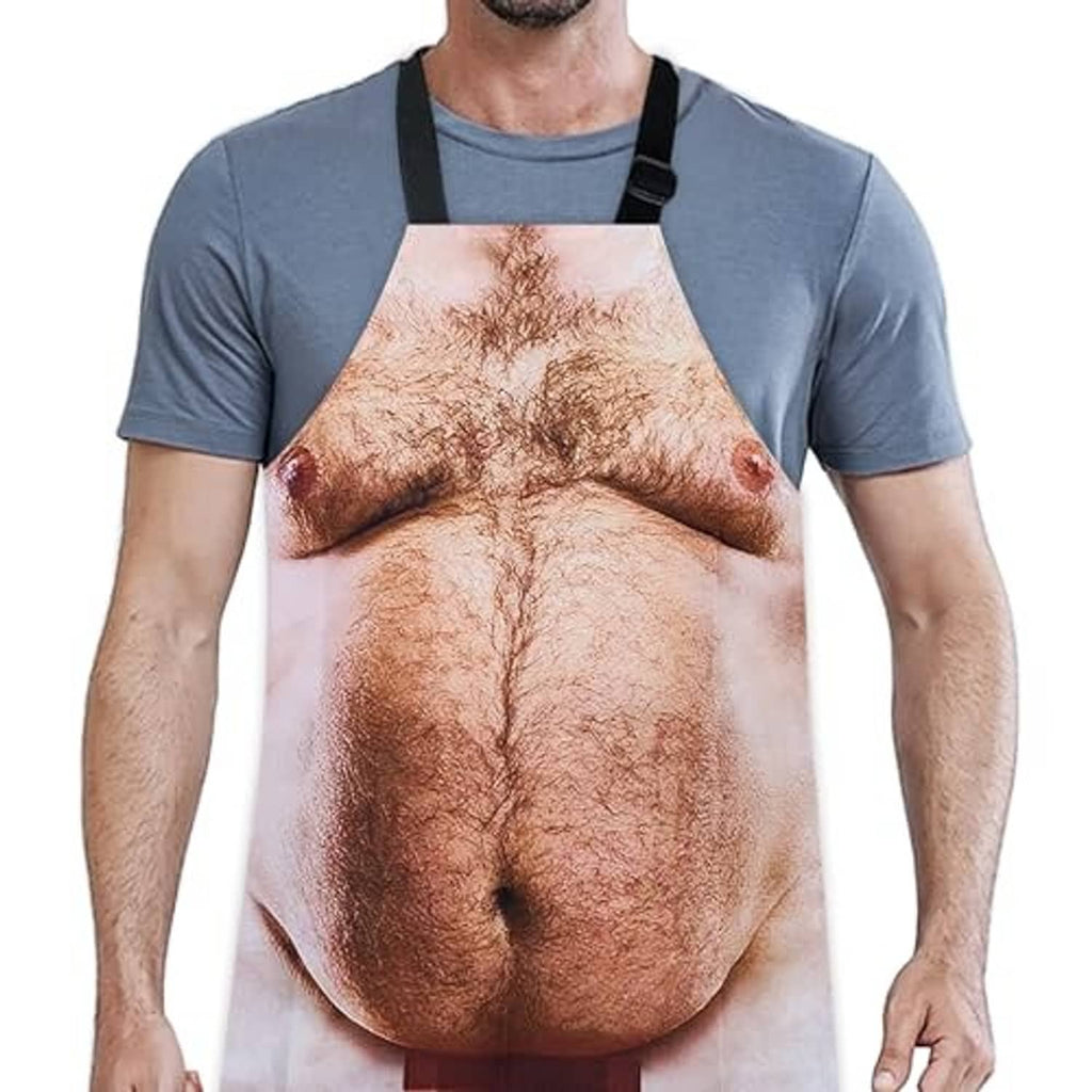 Funny novelty grilling apron with printed male torso, black adjustable straps