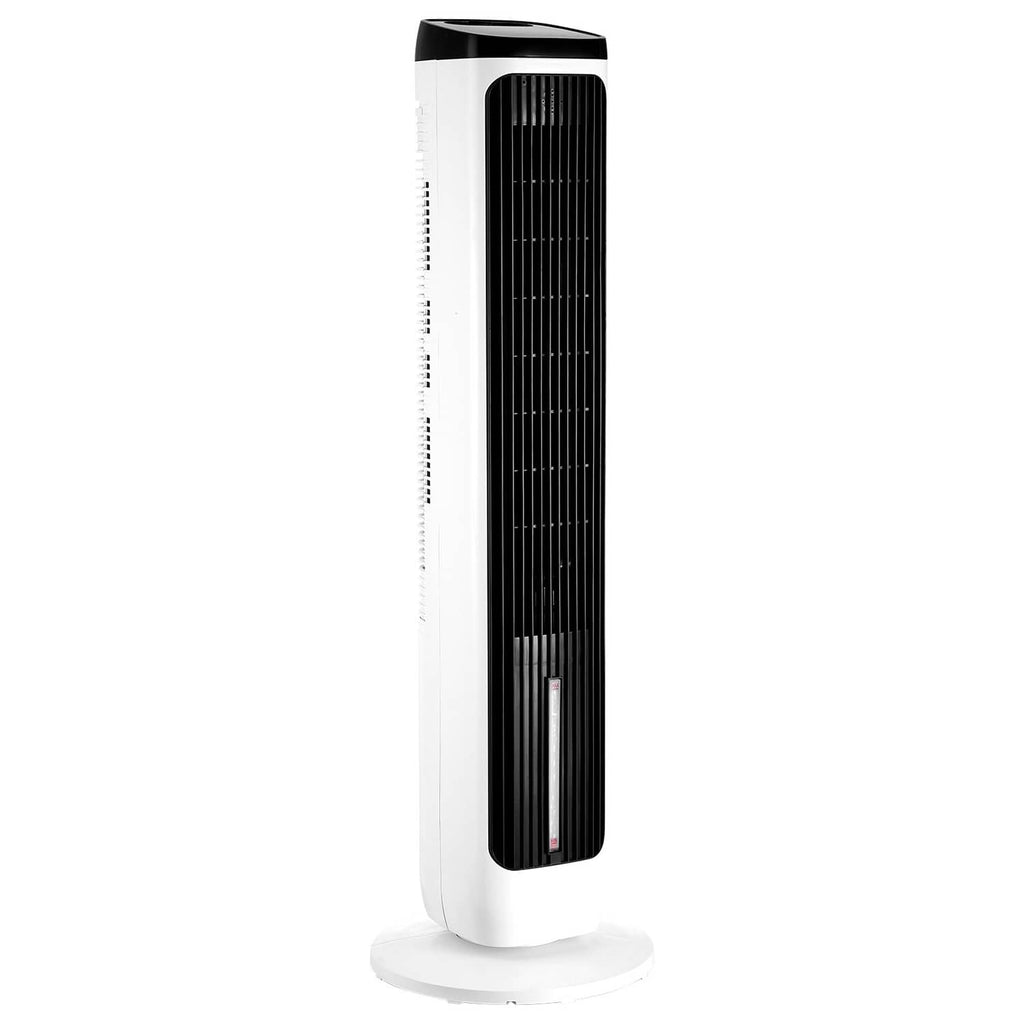 Tall white tower fan with black air intake grille and top vent, on round base