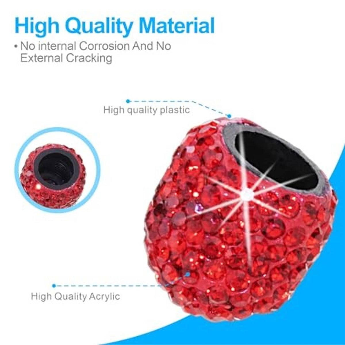 Red crystal rhinestone valve stem cap with black interior opening and starburst detail