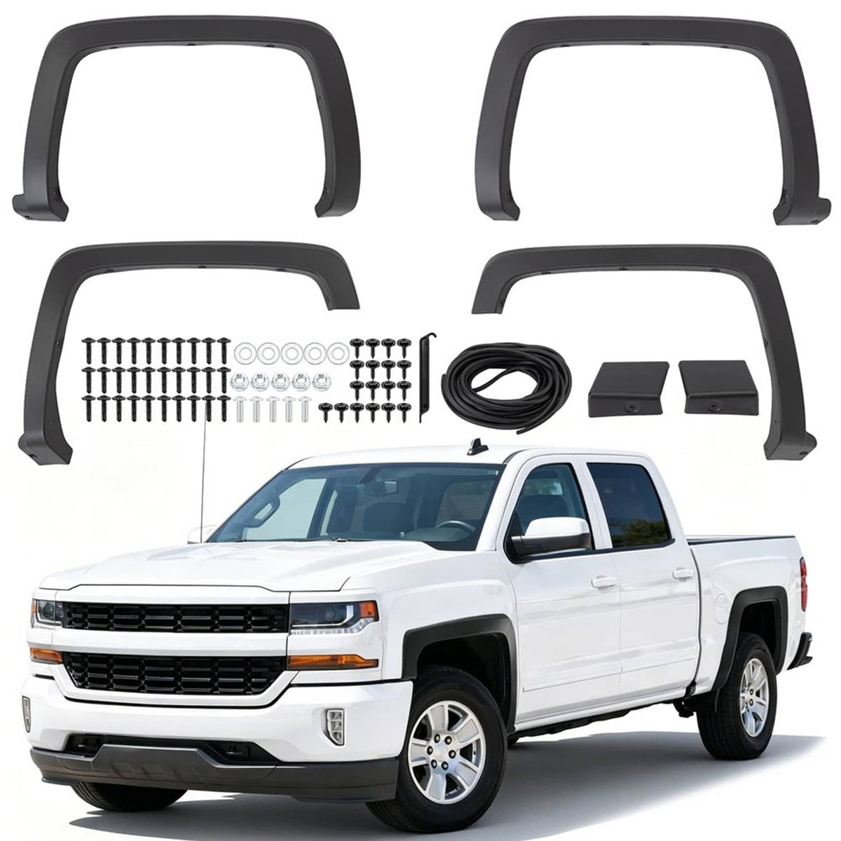 Black front and rear fender flare kit with mounting hardware and clips