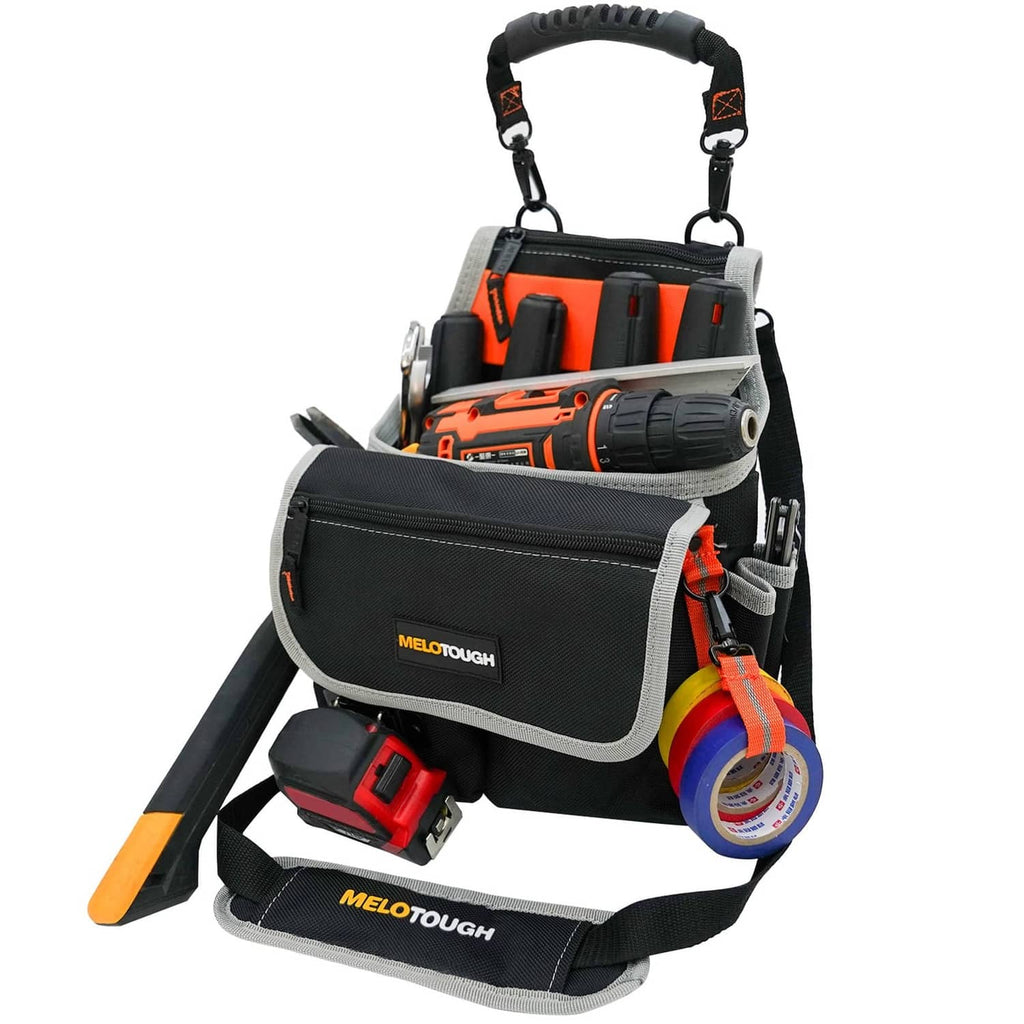Black electrician tool pouch bag with shoulder strap, open top, and multiple interior compartments
