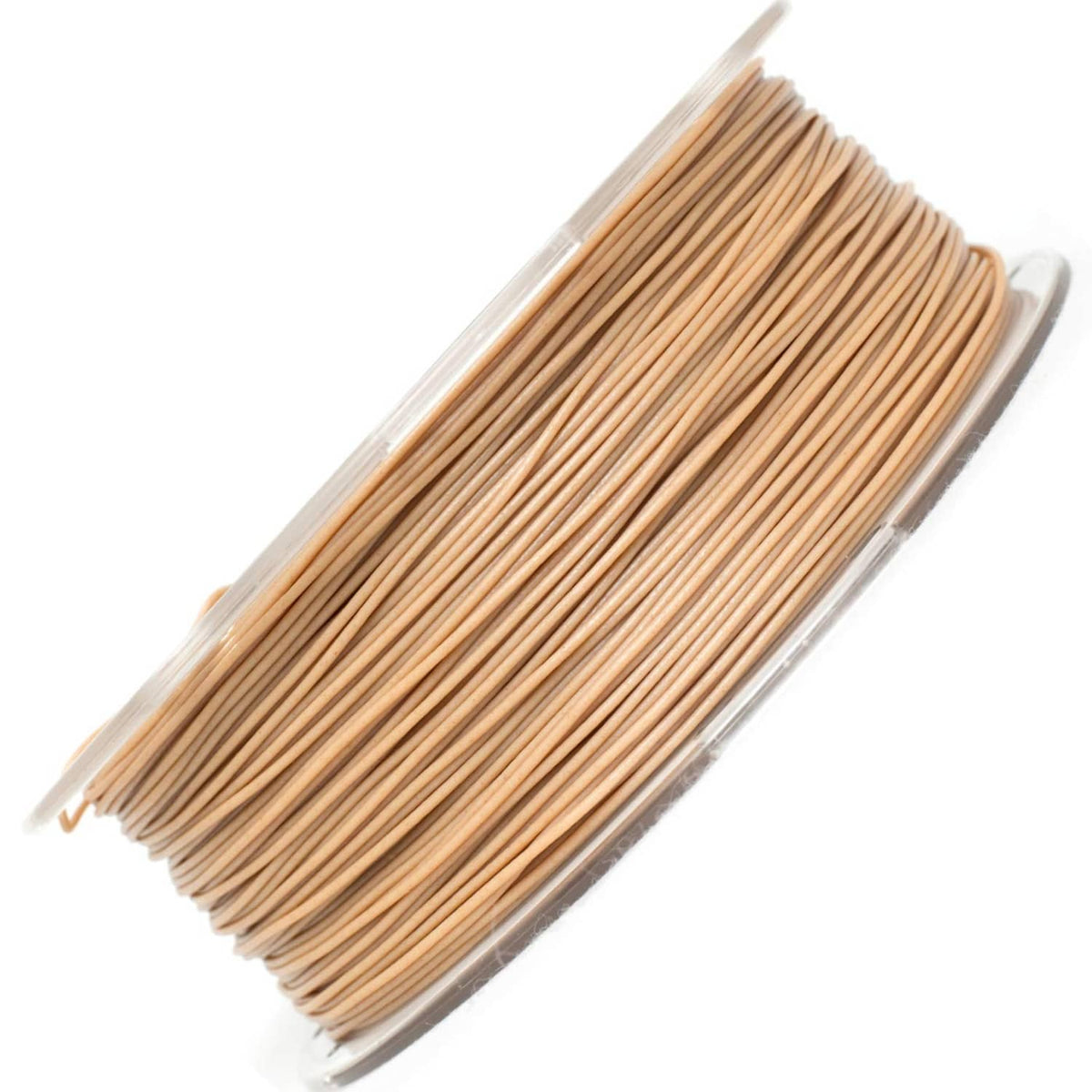 Light-brown wood-effect 3D printer filament strands on spool, close-up