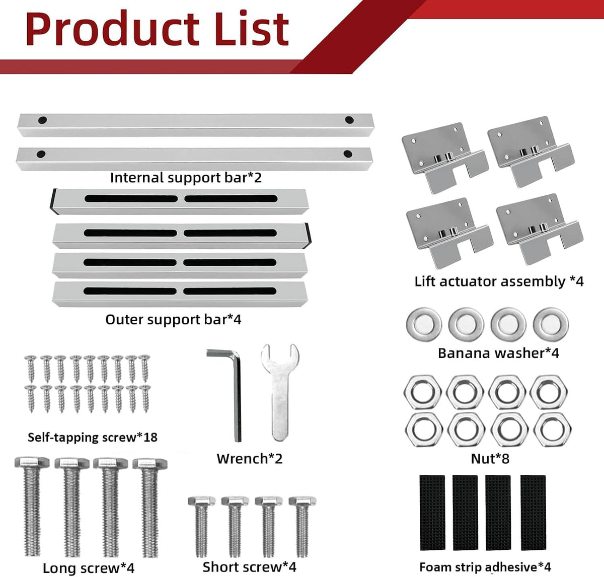 Undermount sink support kit contents: bars, lift actuator, screws and washers