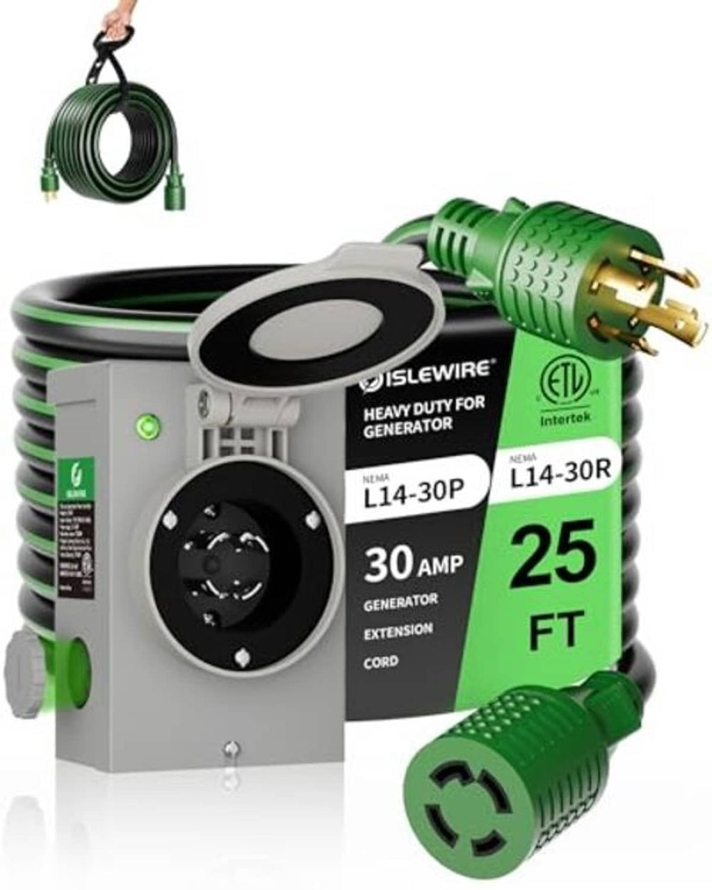 Gray power inlet box and green NEMA L14-30P plug with 25 ft cord