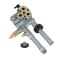 Grey pressure washer pump head with brass fittings and black unloader valve