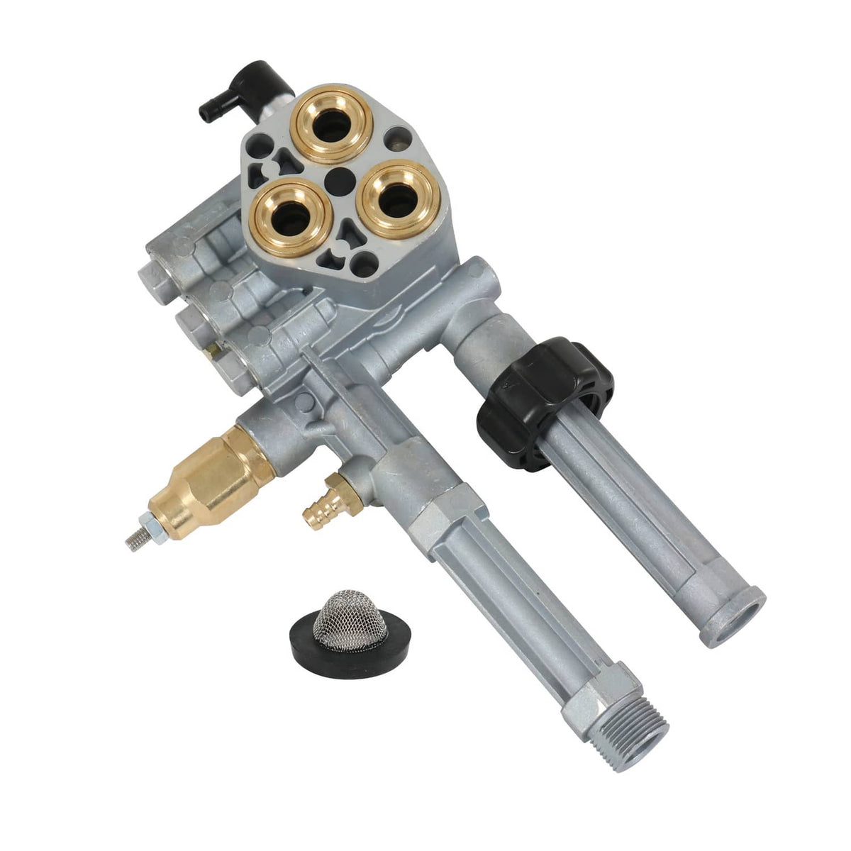 Grey pressure washer pump head with brass fittings and black unloader valve