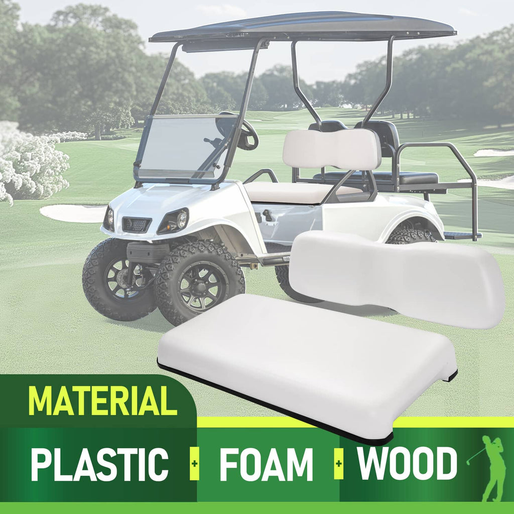 White seat backrest and cushion installed on a golf cart bench