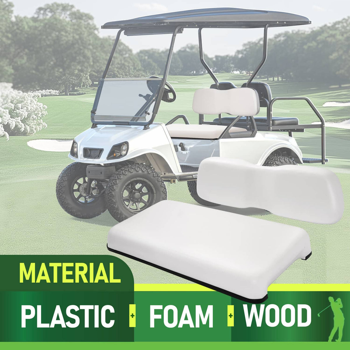White seat backrest and cushion installed on a golf cart bench