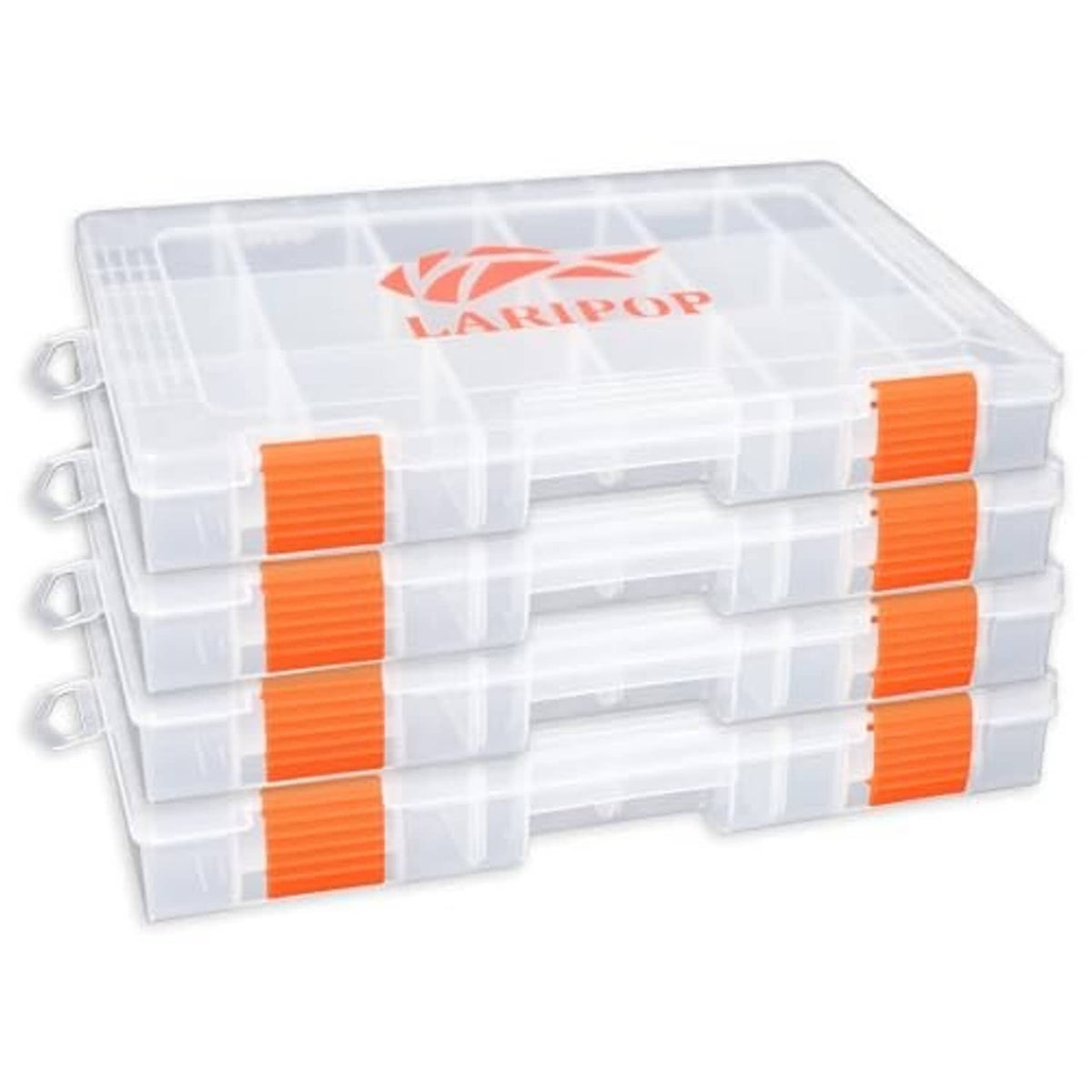 Stacked clear tackle boxes with orange dividers and molded compartment sections
