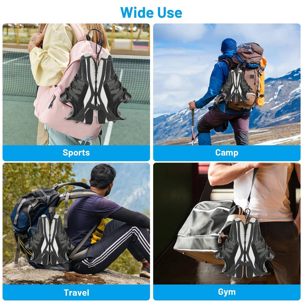 Black shoe holster attached to backpack for travel, gym, sports, and camp