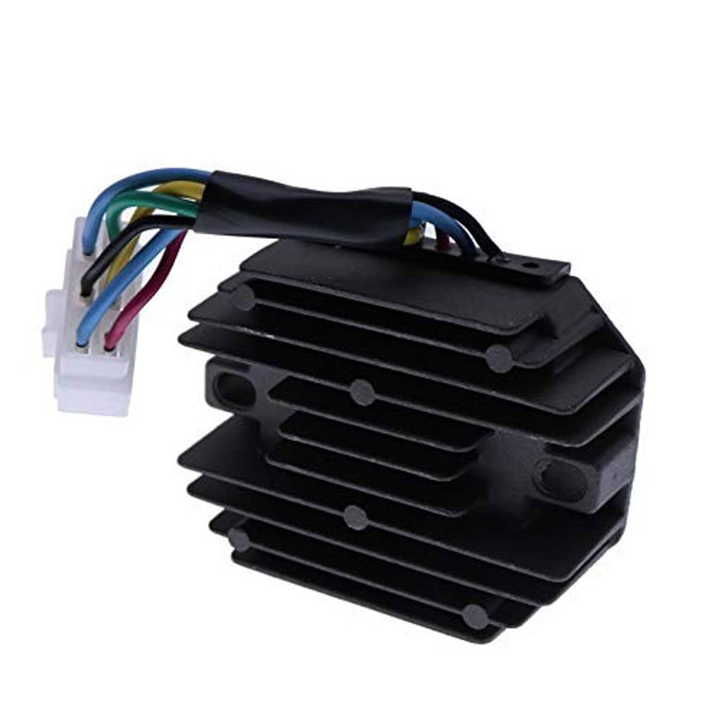 Voltage regulator rectifier module showing black heatsink fins, colored wires, and white connector