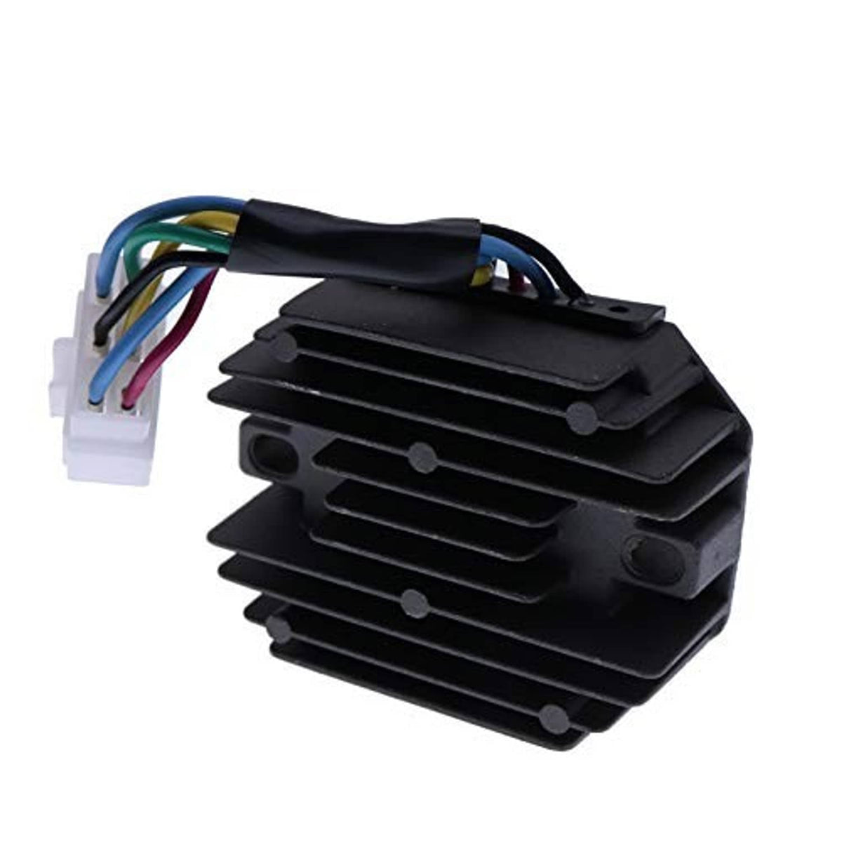 Voltage regulator rectifier module showing black heatsink fins, colored wires, and white connector