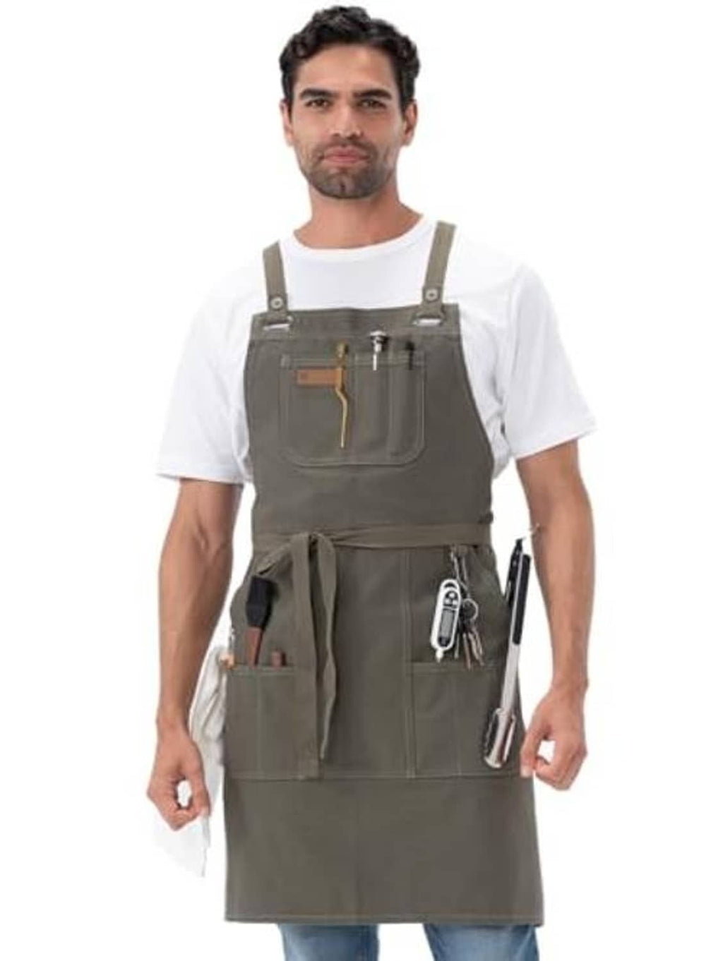 Olive unisex grill apron with front pouch pocket and side utility sections