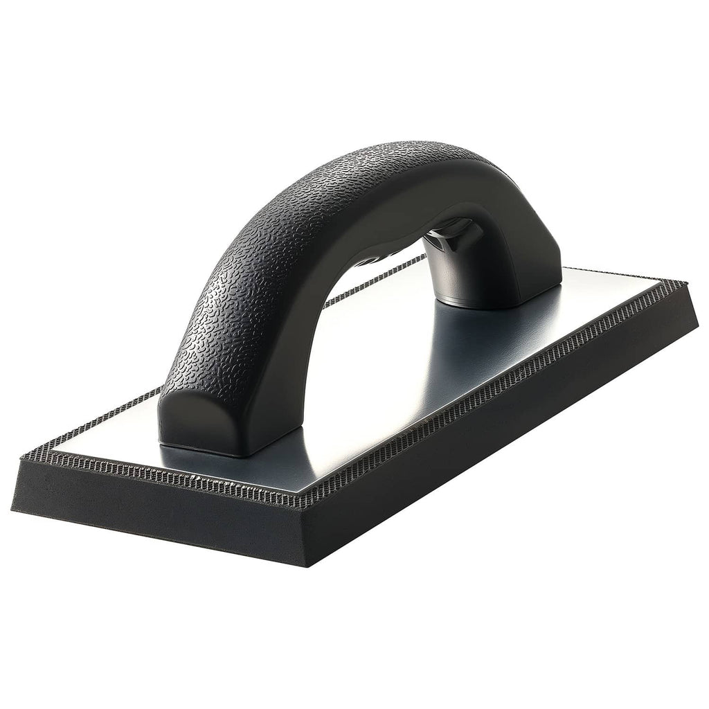Black rubber grout float with curved handle and ridged edge base