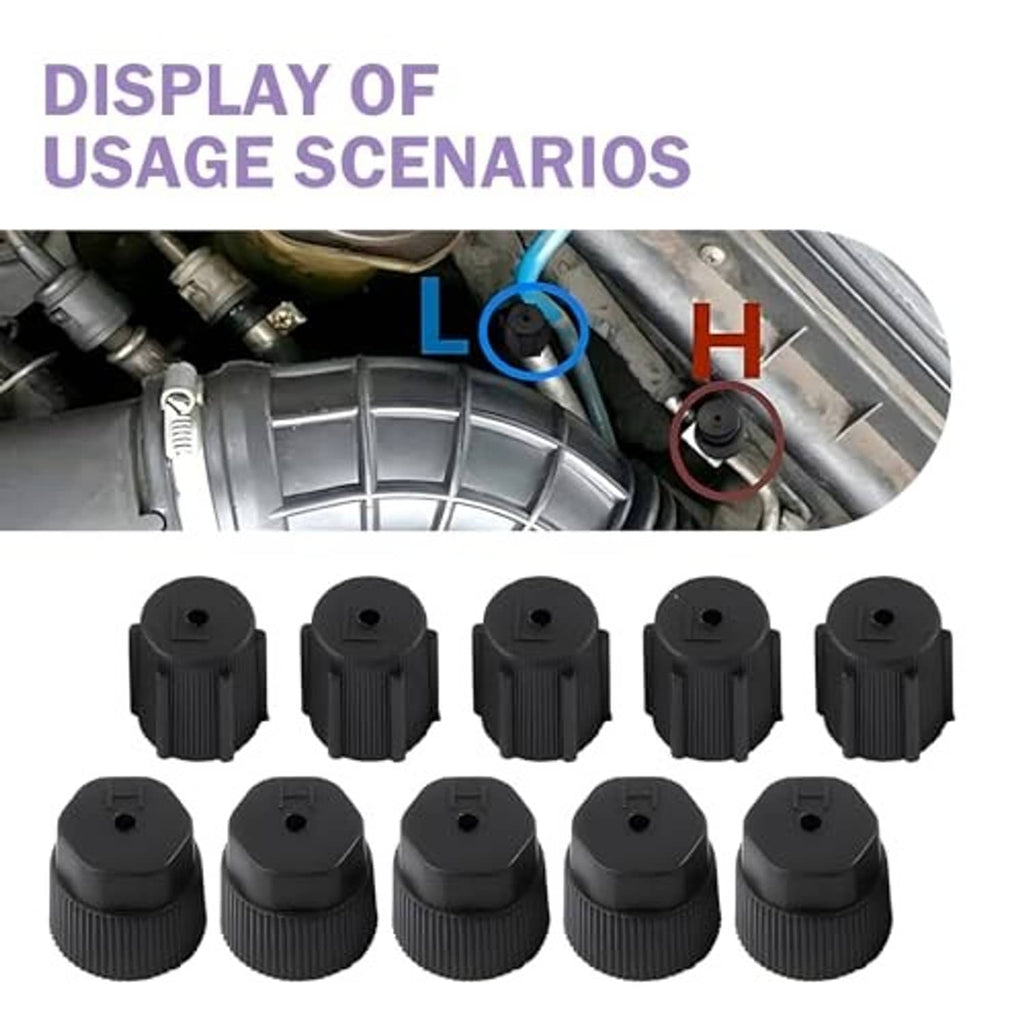 Two rows of ten black ribbed AC valve caps with center pinhole openings