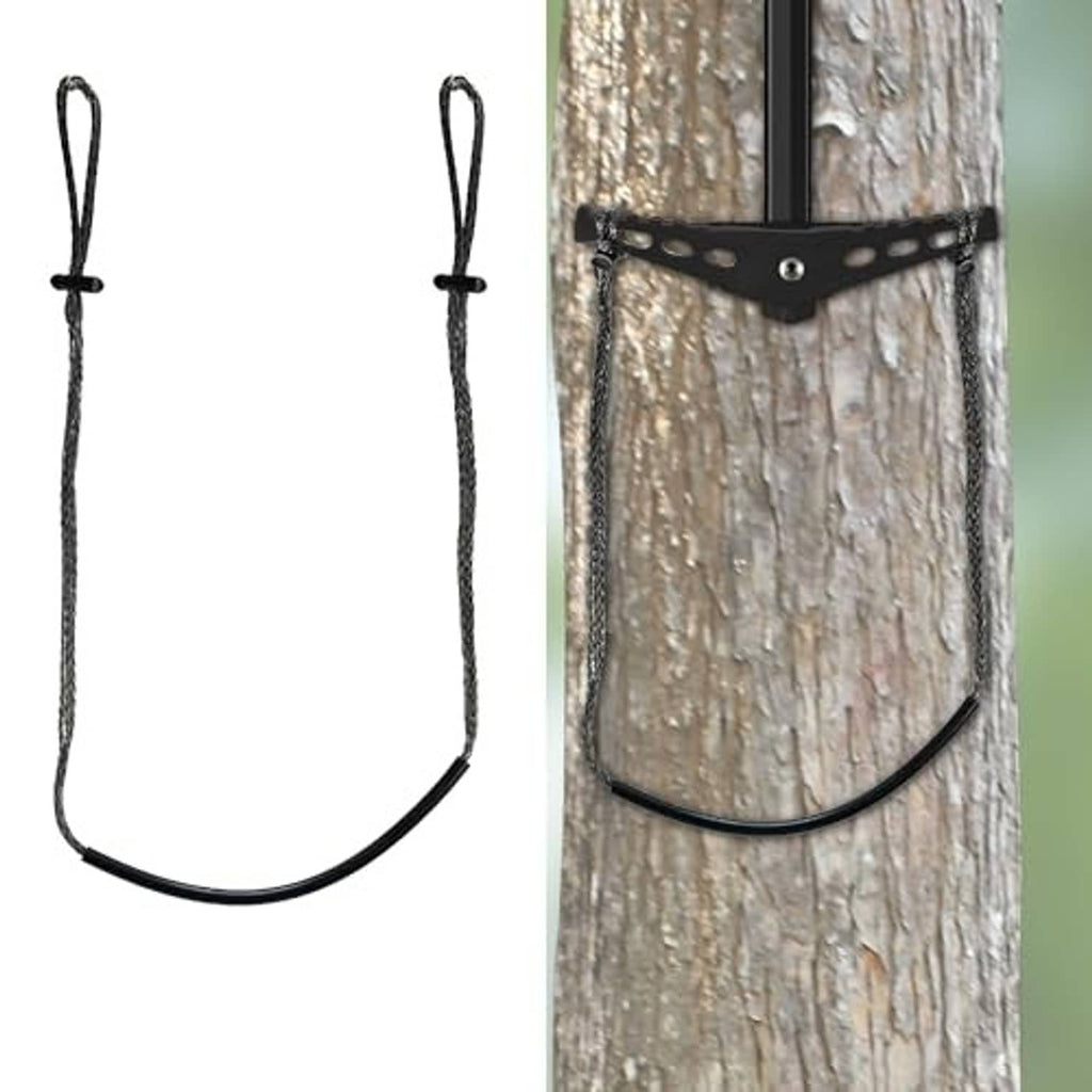 Climbing stick step aide strap with two vertical rope loops and fixed step support.