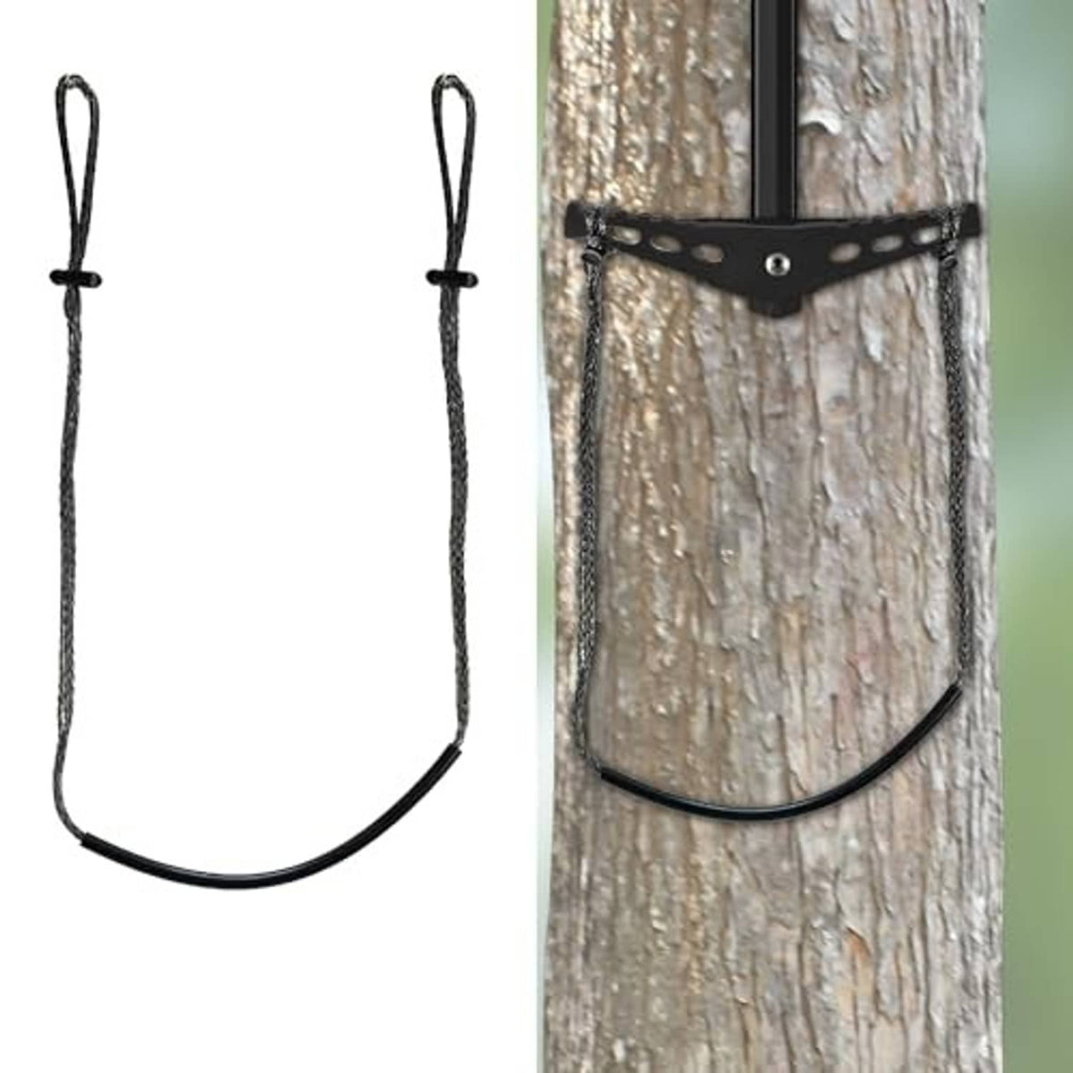 Climbing stick step aide strap with two vertical rope loops and fixed step support.