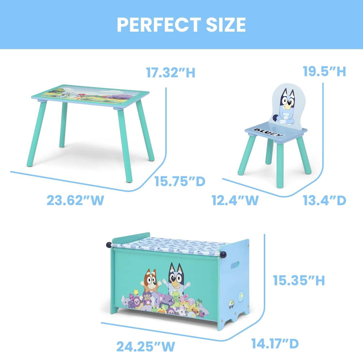 Bluey play table and chair set with toy box; teal frames with character panels