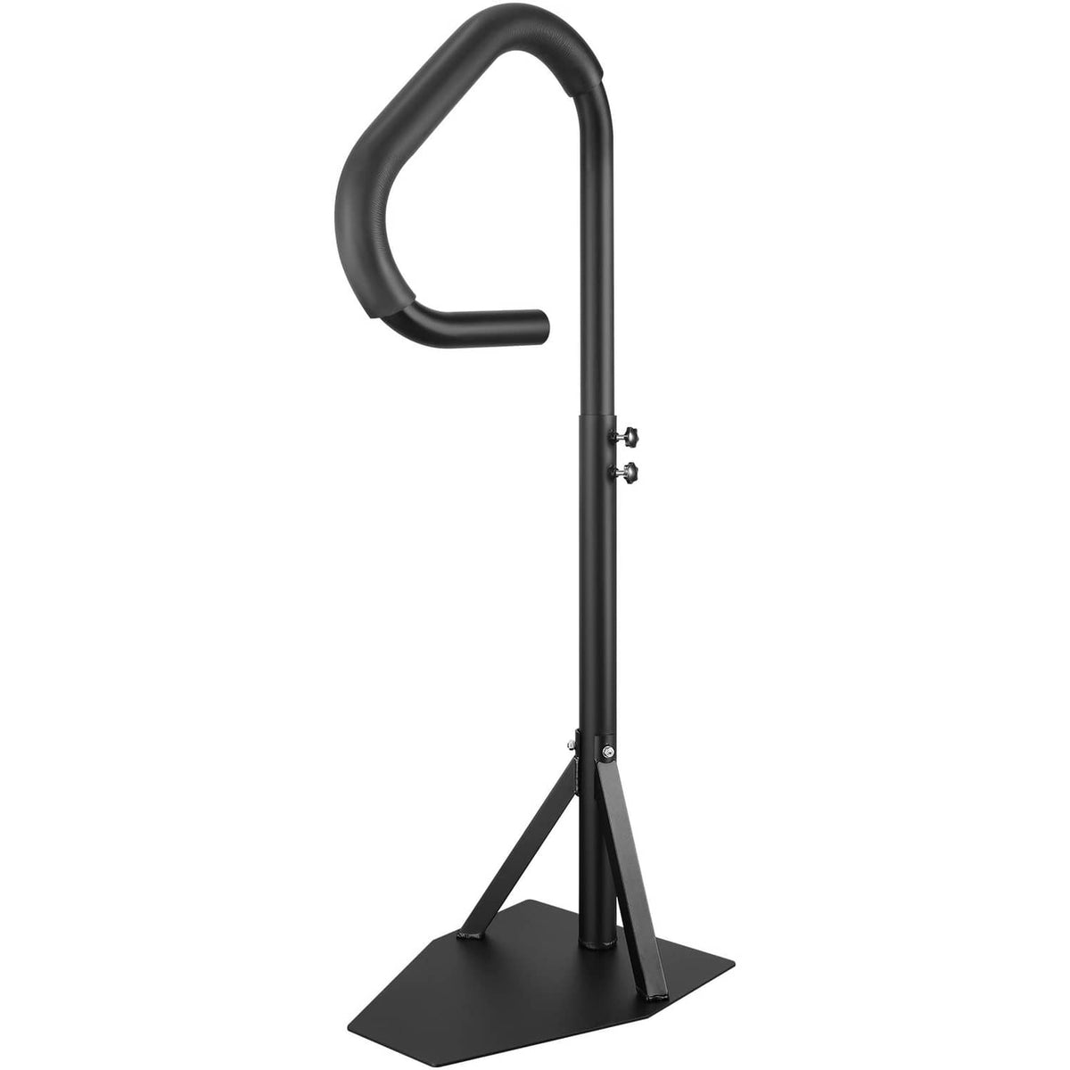 Black hot tub side rail with curved handle, adjustable height pole and flat base