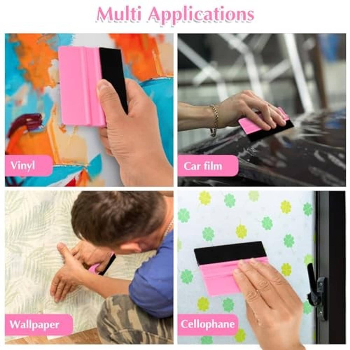 Pink plastic felt squeegee tools with black pads, used on vinyl surfaces