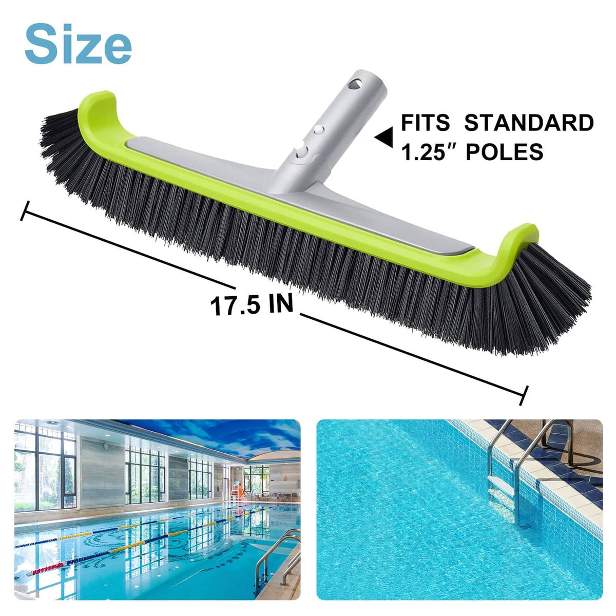 Pool brush head with black nylon bristles and lime green handle, for wall cleaning