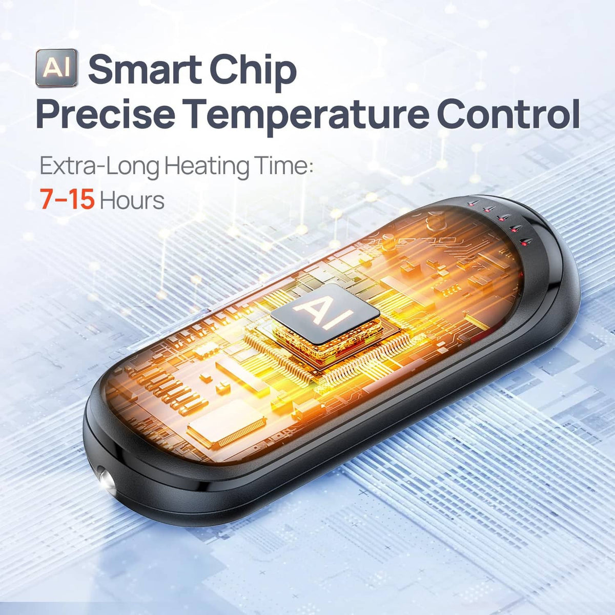 Black rechargeable hand warmer showing internal smart chip heating circuit detail