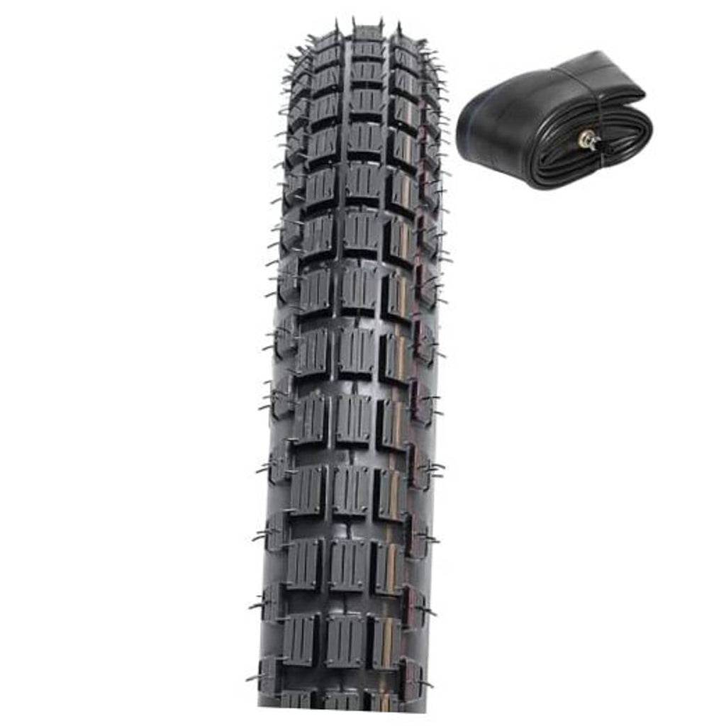 Dirt bike tire with knobby tread and rolled heavy-duty inner tube