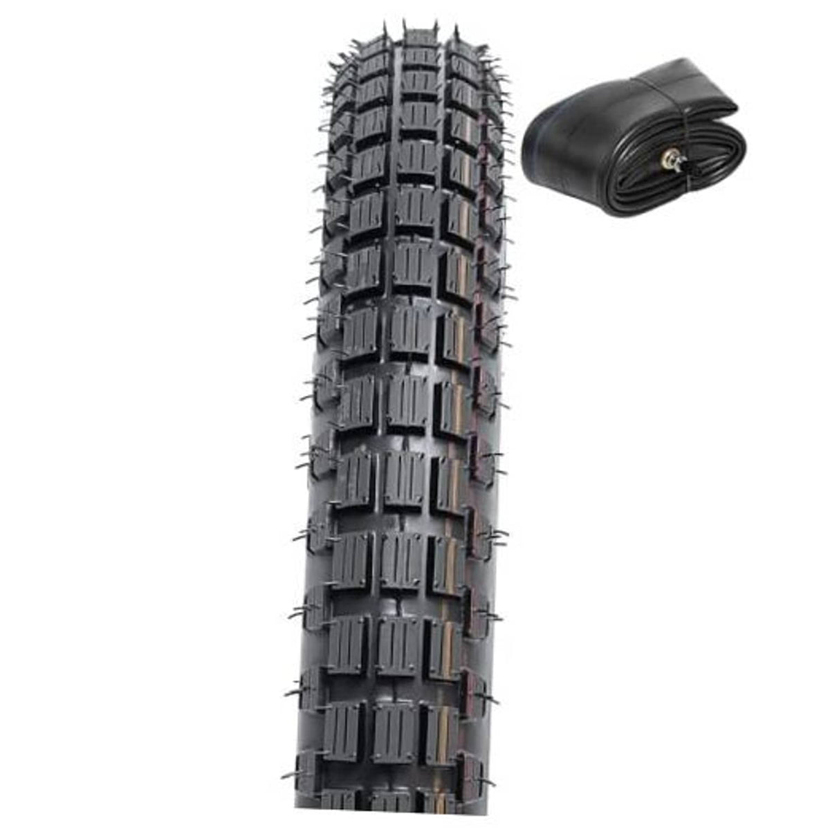 Dirt bike tire with knobby tread and rolled heavy-duty inner tube