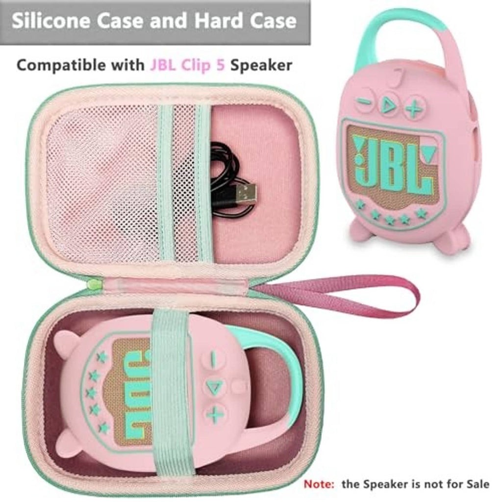 Pink speaker case with teal zipper and wrist strap; matching open silicone cover shown.
