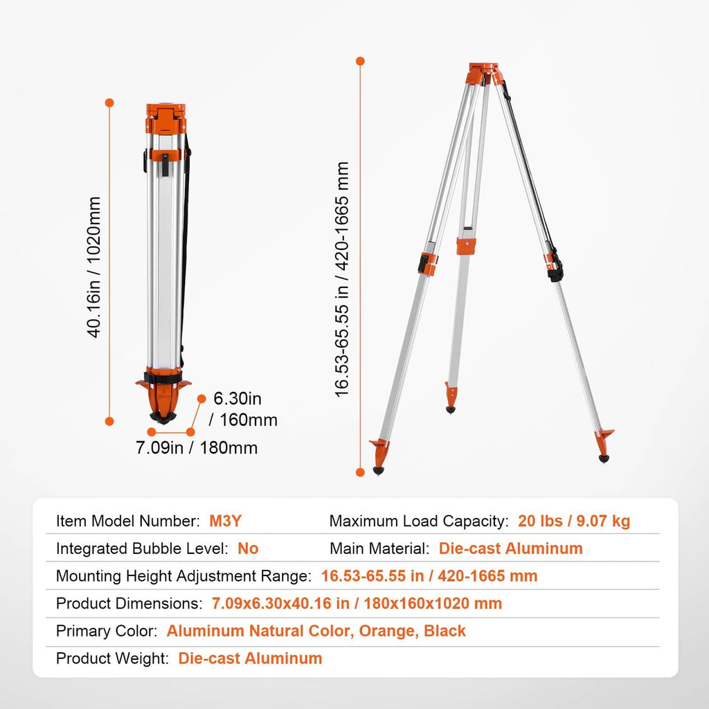 Laser level tripod stand shown extended, with orange locking sections on silver legs.