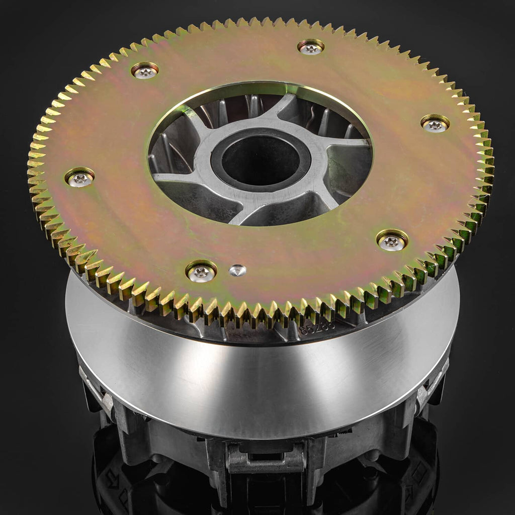 ATV drive clutch cover with toothed outer gear ring and bolts