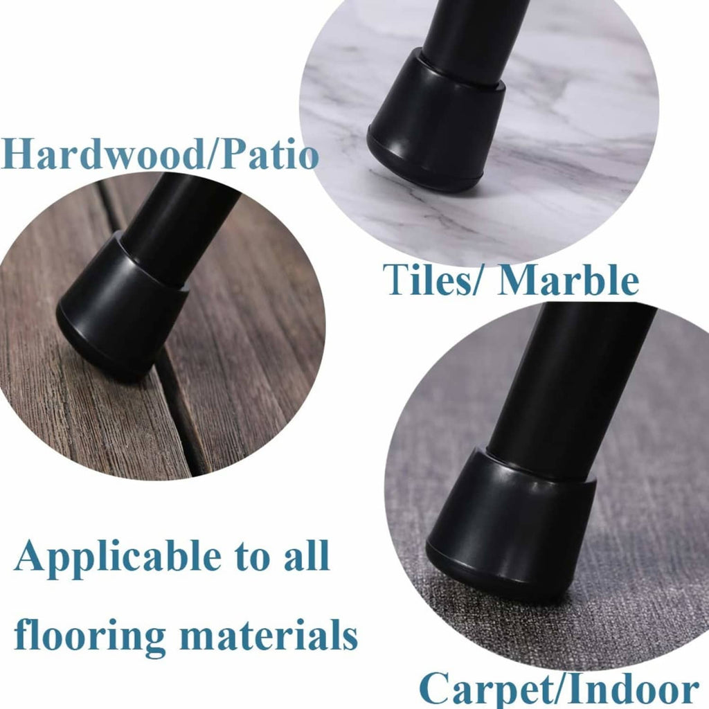 Black round rubber chair leg cap fitted on furniture leg; thick rim for floor protection
