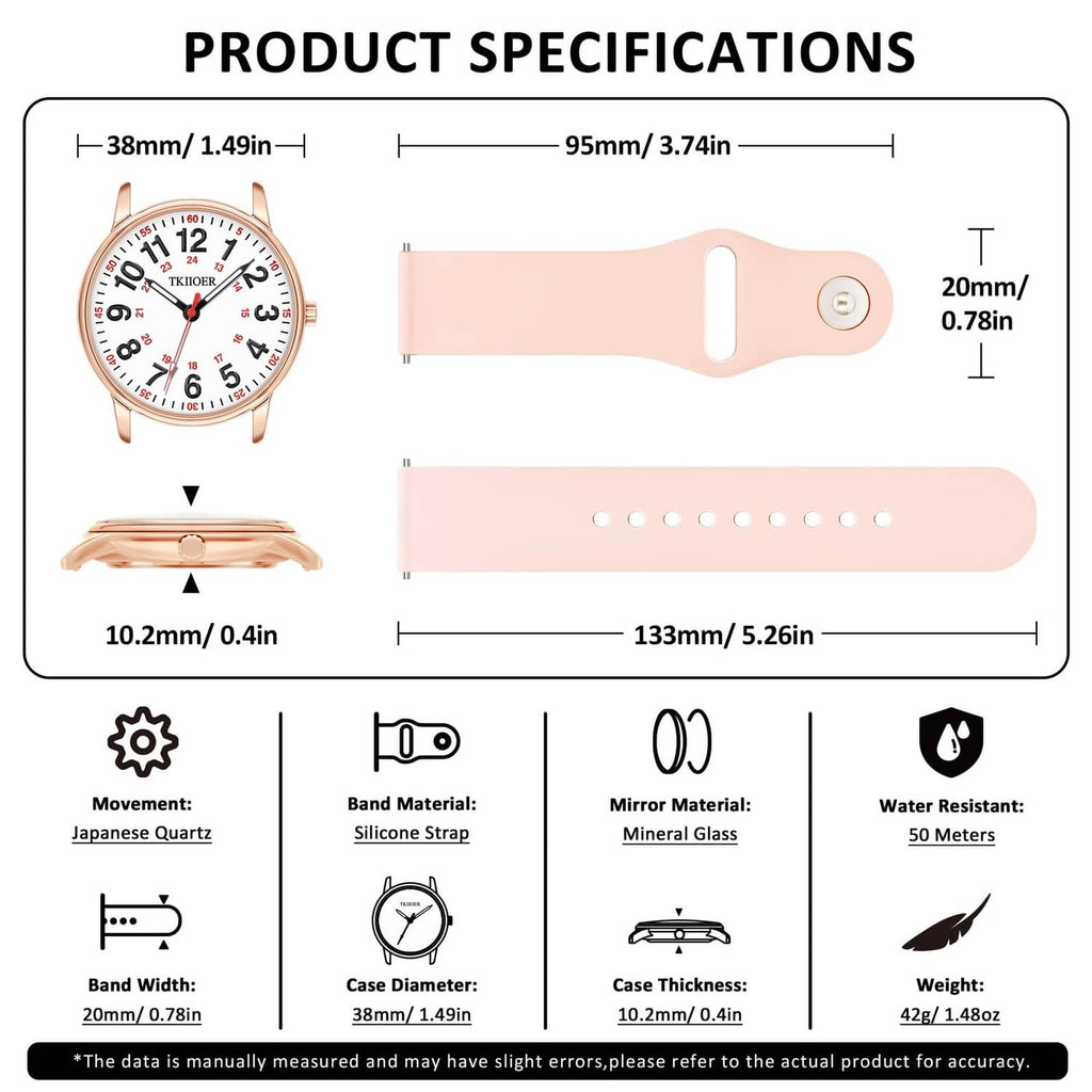 Rose pink nurse watch with silicone strap and analog face; product specs diagram