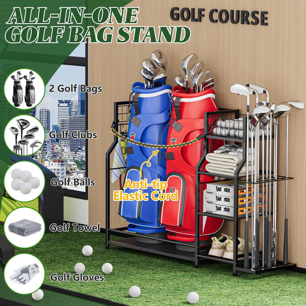 Golf bag storage stand with blue and red golf bags, club racks, and anti-tip cord