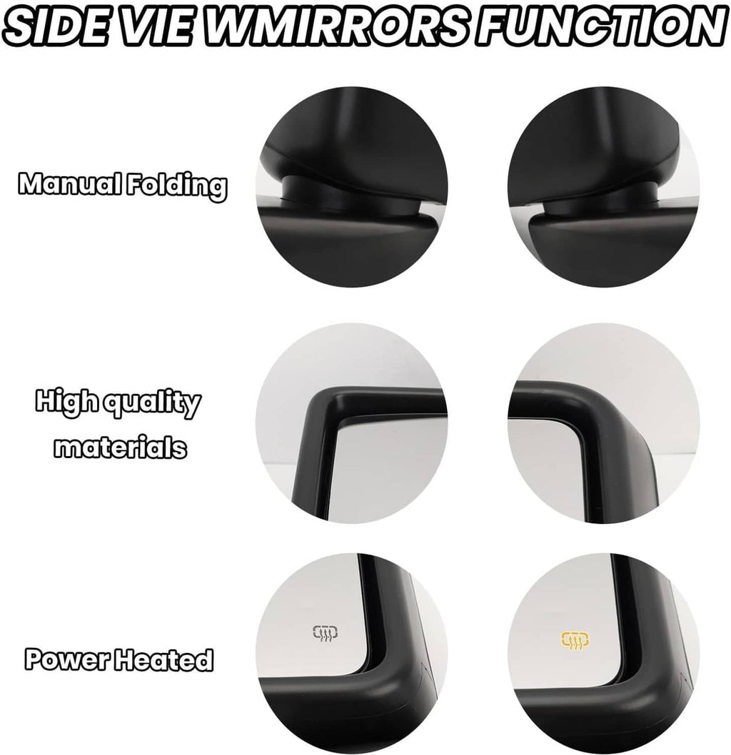 Black power heated side mirror with manual folding feature, close-up detail